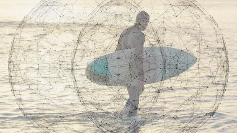 Surfer wading in calm ocean at sunset, with animated tech network nodes Stock Footage 308116641
