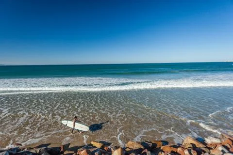 Surfer Walking Beach Ocean Stock Photos