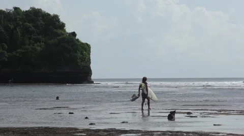 Surfer Walking With the Dog on the Ocean Stock Footage 67532241
