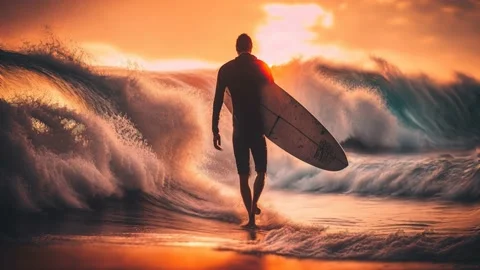 Surfer walking to Ocean Sunset Beach Landscape, dusk shore, loop Animation Stock Footage 232879993