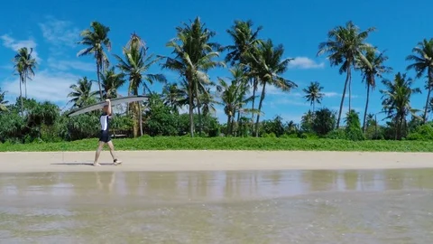 Surfer walking by sandy beach with palms in background carrying surf board Stock-Footage 102033467