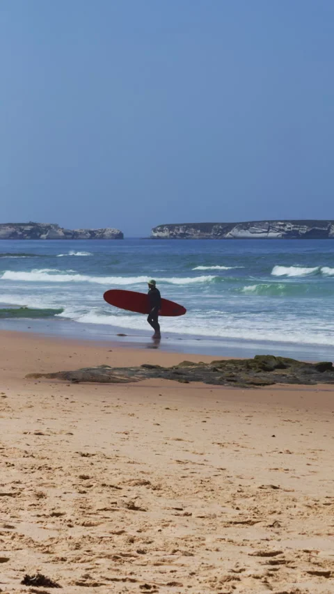 Surfer Walking on Sandy Beach with Red Surfboard Stock Footage 344947482