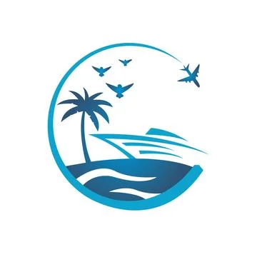 A surfer in a wave logo with palm trees on the top Stock Illustration