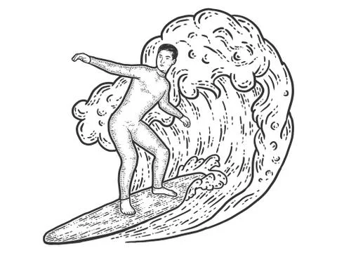 Surfer on the wave. Sketch scratch board imitation. Black and white. Stock Illustration