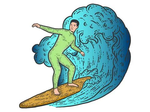 Surfer on the wave. Sketch scratch board imitation color. Stock Illustration