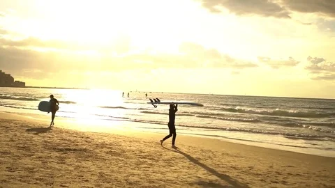 Surfers on a beach, day light Stock Footage 82704198