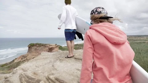 Surfers Checking Spot Cliff View Slowmotion 4k Stock Footage 77255350