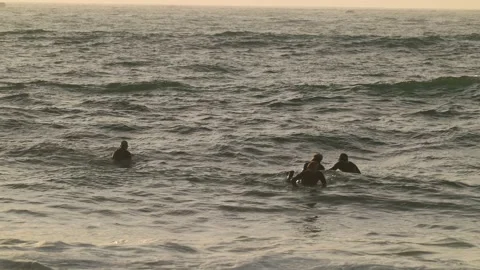 Surfers float in ocean slow motion Stock Footage 146823128