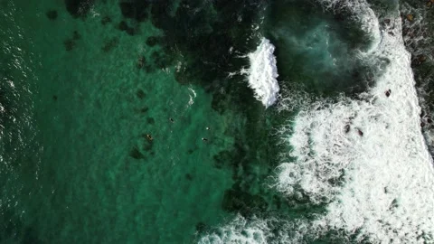 Surfers floating in ocean at Bronte with waves crashing against rocks from above Stock Footage 168914352