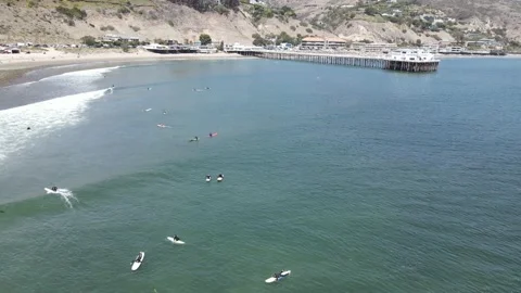 Surfers Malibu Pier Stock Footage 166524086