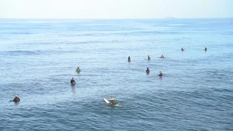 Surfers in the ocean waiting for a big wave. Los Angeles Stock Footage 154959871