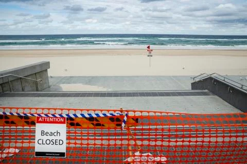 Surfers Paradise beach closed due to covid 19 pandemic, coronavirus fears for Stock Photos