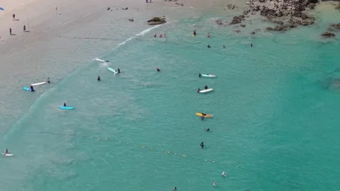 Surfers ride waves in clear water, beachgoers enjoy sunny day at shoreline Stock-Footage 342333102