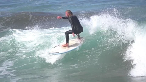 Surfers ride waves in slow motion at Las Canteras Beach Stock-Footage 233254442
