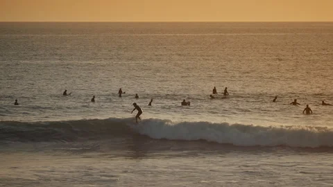 Surfers riding blue ocean waves in the golden evening light. Stock Footage 285723119
