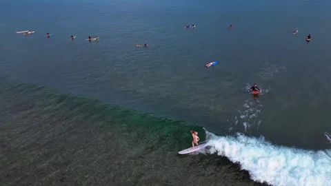 Surfers riding ocean wave under vibrant rainbow. Nice aerial view drone Stock Footage 344623095