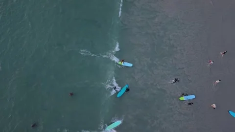 Surfers riding waves at beach, people swimming and relaxing in water Stock Footage 336926660