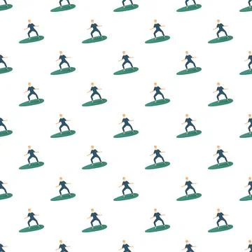 Surfers riding waves seamless pattern, surfing recreation background Stock Illustration