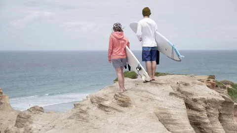 Surfers Spot Check Cliff View Slowmotion 4k Stock Footage 77255168