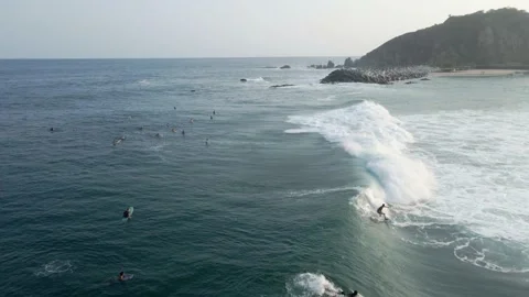 Surfers trying to ride a wave while others wait in the sea floating in the wa Stock Footage 155081962