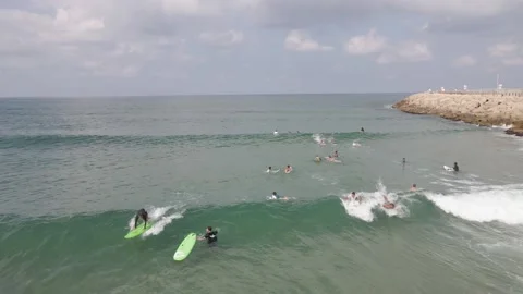 Surfers wait in the water and catch small waves Stock Footage 228066006