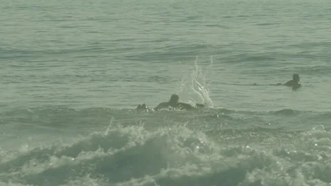 Surfers Wait For Waves At Sunset. Video Stock Footage 273788356