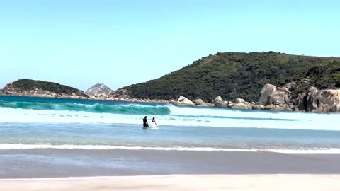 Surfers Walking on a Beach on a clear summers day with blue sky Stock Footage 237462291