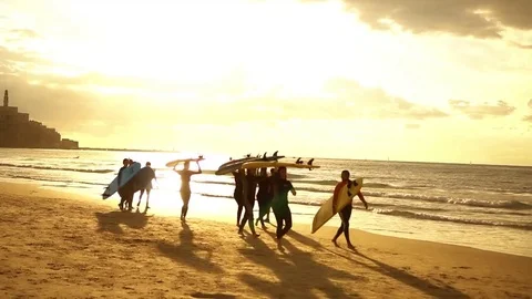 Surfers walking on a beach Stock Footage 82702239