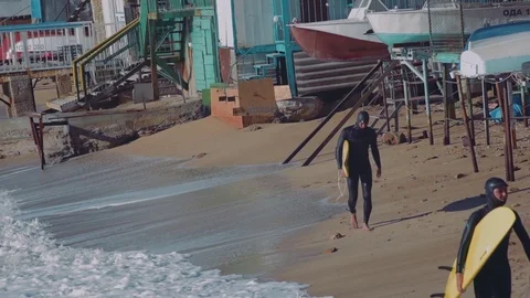 Surfers walking on the beach Stock Footage 98700012