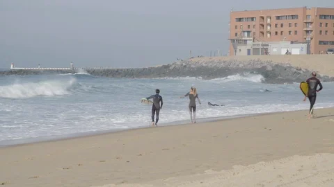 Surfers walking on a beach in front of the waves , Hossegor, France Stock Footage 105307854