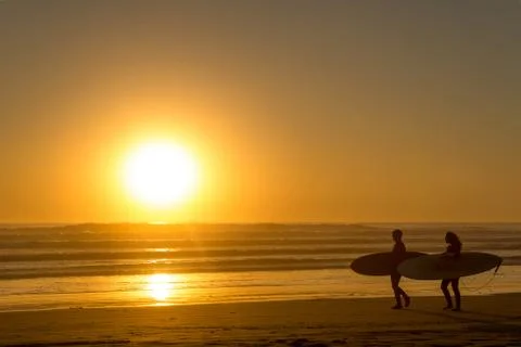 Surfers walking on the beach in the sunset Stock Photos