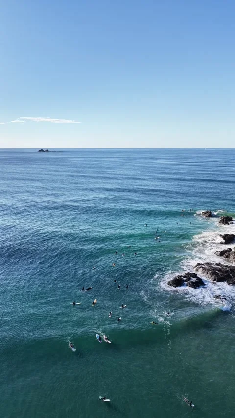 Surfers At Wategos Beach Below Cape Byron, New South Wales Australia - Vertical Видео 347161696