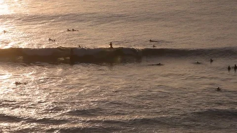 Surfers on the waves in the evening at sunset aerial view Stock Footage 73425745