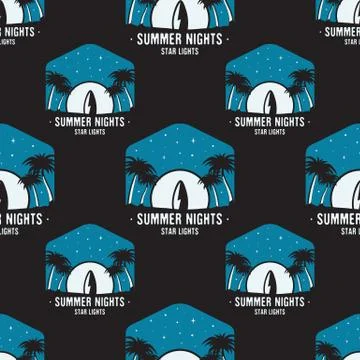 Surfing adventure seamless pattern with surfboard and waves scene labels badges Stock Illustration