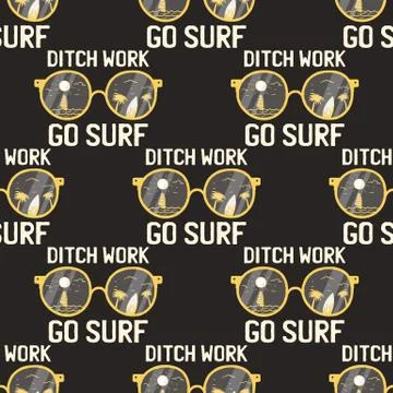 Surfing adventure seamless pattern with surfboard and waves scene labels badges Illustrazione stock