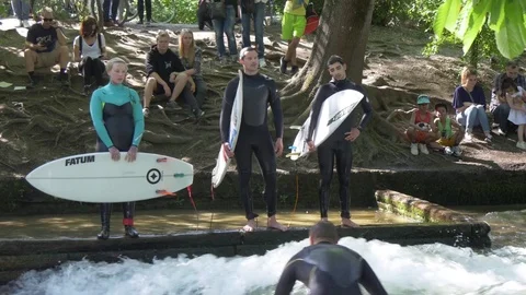 Surfing on artificial river swell on deep green Video stock 75951691