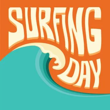 Surfing background with big ocean wave and text Stock Illustration