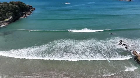 Surfing Beach City Backdrop Mount Maunganui New Zealand Aerial 4k Stock Footage 265885357