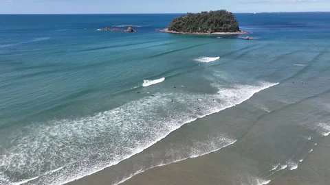 Surfing Beach City Backdrop Mount Maunganui New Zealand Aerial 4k Stock Footage 265885598