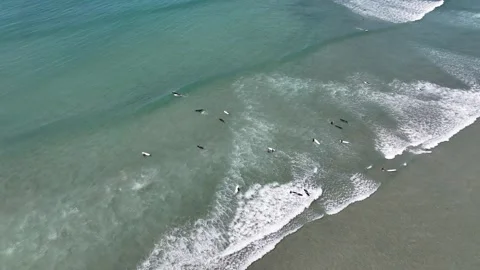 Surfing Beach City Backdrop Mount Maunganui New Zealand Aerial 4k Stock Footage 265885982