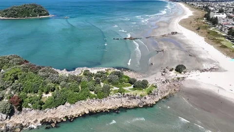 Surfing Beach City Backdrop Mount Maunganui New Zealand Aerial 4k Stock Footage 265886723