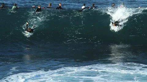 Surfing Big Waves Slow Motion Stock Footage 7750957