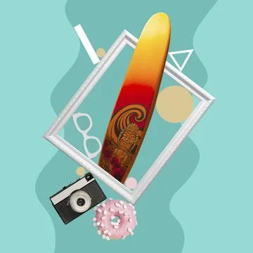 Surfing. Creative collage. Composition with surfboard in picture frame over blue Stock Photos