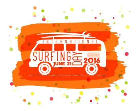Surfing day label graphic elements. Vacation typography emblem on watercolor ink Stock Illustration
