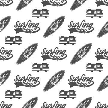 Surfing day pattern design. Summer seamless  with surfer van, surfboards Stock Illustration