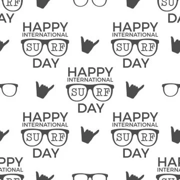 Surfing day pattern design. Summer seamless with surfer symbols - glasses, shaka Stock Illustration