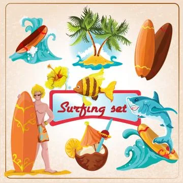 Surfing elements set Illustrazione stock