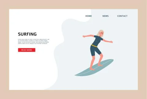 Surfing, extreme sport activity website with surfer flat vector illustration Stock Illustration