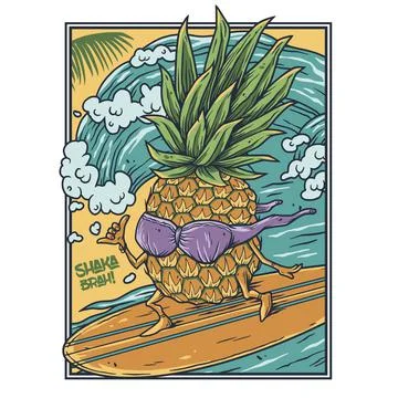 Surfing hawaii pineapple on surf bord for print Stock Illustration