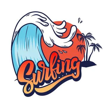 Surfing. Illustration of sea wave with lettering. Design element for t-shirt, Stock Illustration